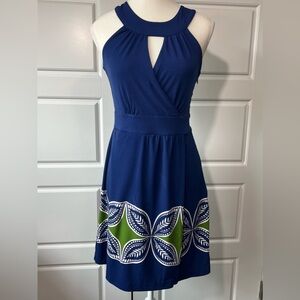 Banana Republic‎ Navy Blue Halter Neck Dress Green Floral Sleeveless Fit Flare